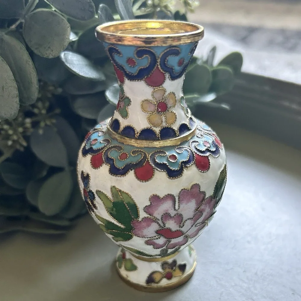 Amazing Vintage Asian Cloisonne Enamel Flower Vase 4